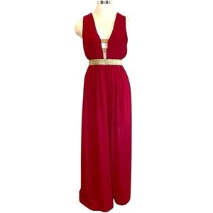 Silk Sleeveless Deep Red Gold Accents Long Dress Gown